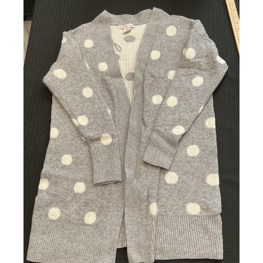 Sincerely Jules Cardigan Sweater Womens Small Gray Polka Dot Open Front Knit